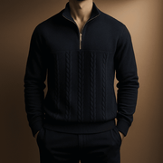 Men's Textured Cable Knit Quarter Zip Sweater, Stand Collar Winter Pullover