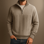 Men's Textured Cable Knit Quarter Zip Sweater, Stand Collar Winter Pullover