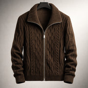 Men's Cable Knit Zip Up Cardigan, Fleece Lined Stand Collar Winter Sweater