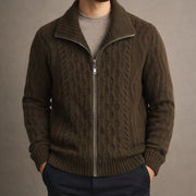 Men's Cable Knit Zip Up Cardigan, Fleece Lined Stand Collar Winter Sweater