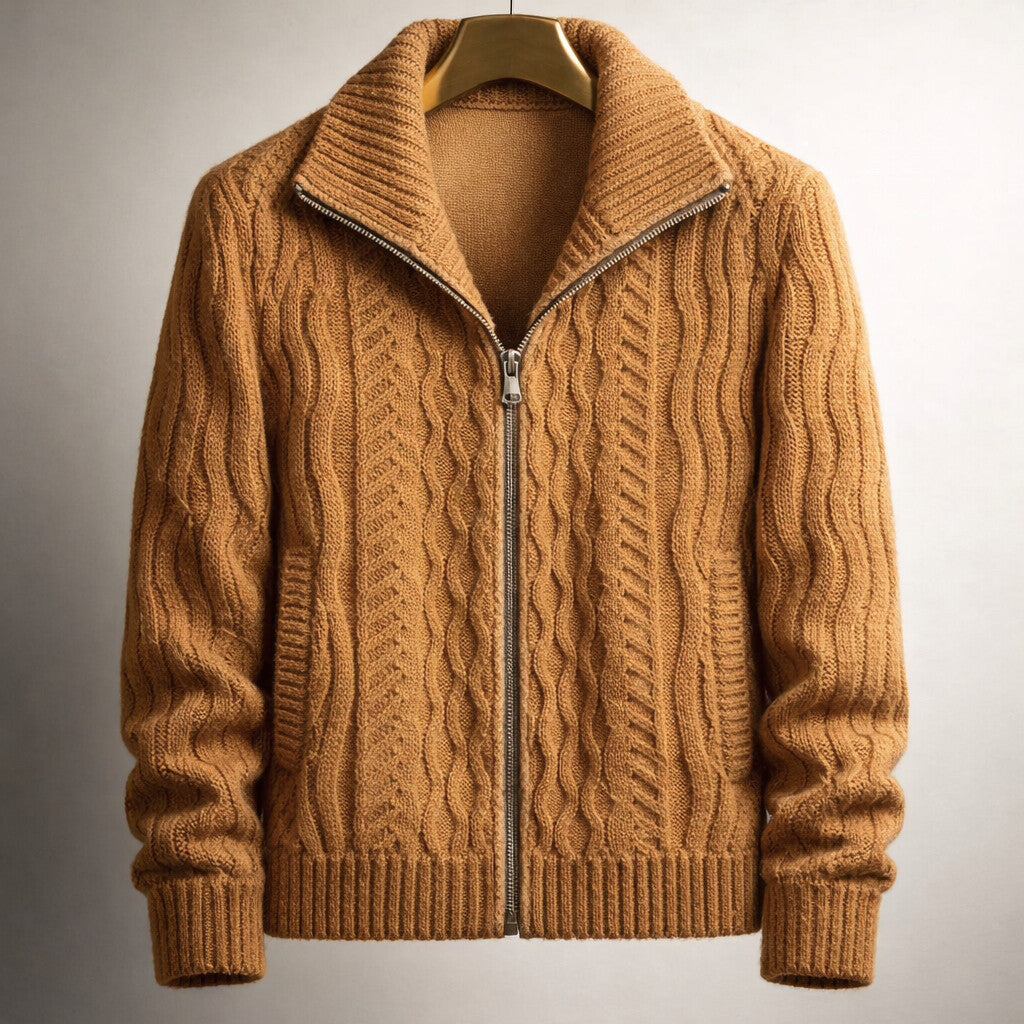 Men's Cable Knit Zip Up Cardigan, Fleece Lined Stand Collar Winter Sweater — view 2