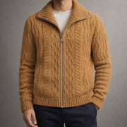 Men's Cable Knit Zip Up Cardigan, Fleece Lined Stand Collar Winter Sweater