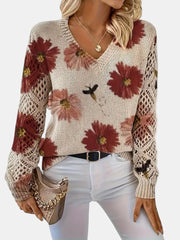 Women's Floral Print Knit Sweater, Lightweight V-Neck Pullover