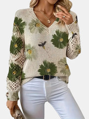 Women's Floral Print Knit Sweater, Lightweight V-Neck Pullover