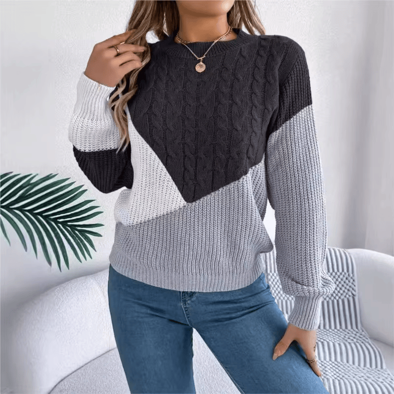 Women's Color Block Cable Knit Crewneck Sweater with Ribbed Panels