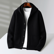 Men's Chunky Ribbed Knit Cardigan, Hooded Button Front Winter Sweater