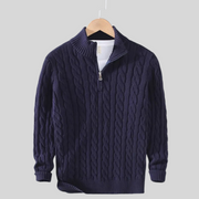 Men's Cable Knit Quarter Zip Sweater, Stand Collar Winter Pullover