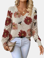Women's Floral Print Knit Sweater, Lightweight V-Neck Pullover