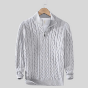 Men's Cable Knit Quarter Zip Sweater, Stand Collar Winter Pullover