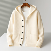 Men's Chunky Ribbed Knit Cardigan, Hooded Button Front Winter Sweater