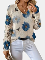 Women's Floral Print Knit Sweater, Lightweight V-Neck Pullover