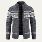 Men's Fair Isle Knit Zip Up Cardigan, Lined Stand Collar Winter Sweater