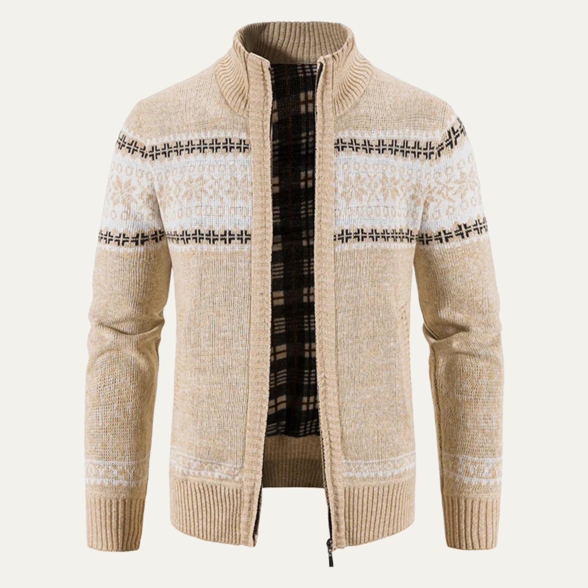 Men's Fair Isle Knit Zip Up Cardigan, Lined Stand Collar Winter Sweater — view 1