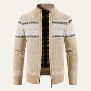 Men's Fair Isle Knit Zip Up Cardigan, Lined Stand Collar Winter Sweater