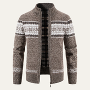 Men's Fair Isle Knit Zip Up Cardigan, Lined Stand Collar Winter Sweater