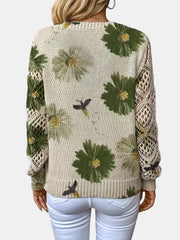 Women's Floral Print Knit Sweater, Lightweight V-Neck Pullover