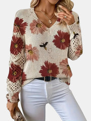Women's Floral Print Knit Sweater, Lightweight V-Neck Pullover