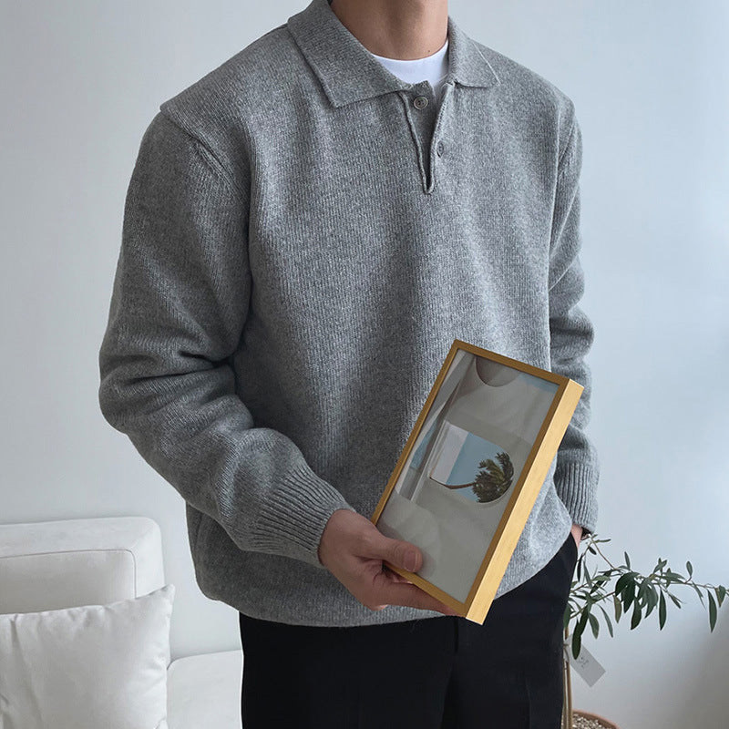 Men's Relaxed Knit Polo Sweater with Two Button Collar and Dropped Shoulders