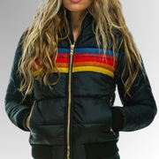 Women's Striped Puffer Jacket, Hooded Quilted Zip Up Winter Jacket