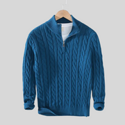 Men's Cable Knit Quarter Zip Sweater, Stand Collar Winter Pullover