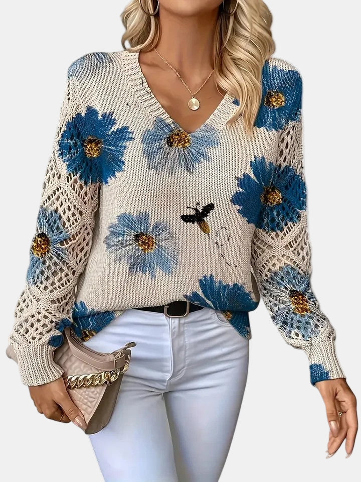 Women's Floral Print Knit Sweater, Lightweight V-Neck Pullover — view 7