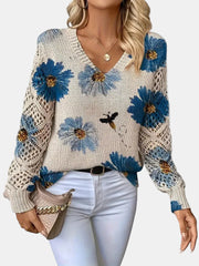 Women's Floral Print Knit Sweater, Lightweight V-Neck Pullover