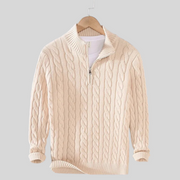 Men's Cable Knit Quarter Zip Sweater, Stand Collar Winter Pullover