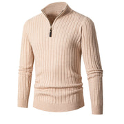 Men's Ribbed Knit Quarter Zip Sweater, Mock Neck Winter Pullover