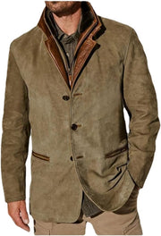 Men's Leather Button Front Jacket with Contrast Collar and Trim