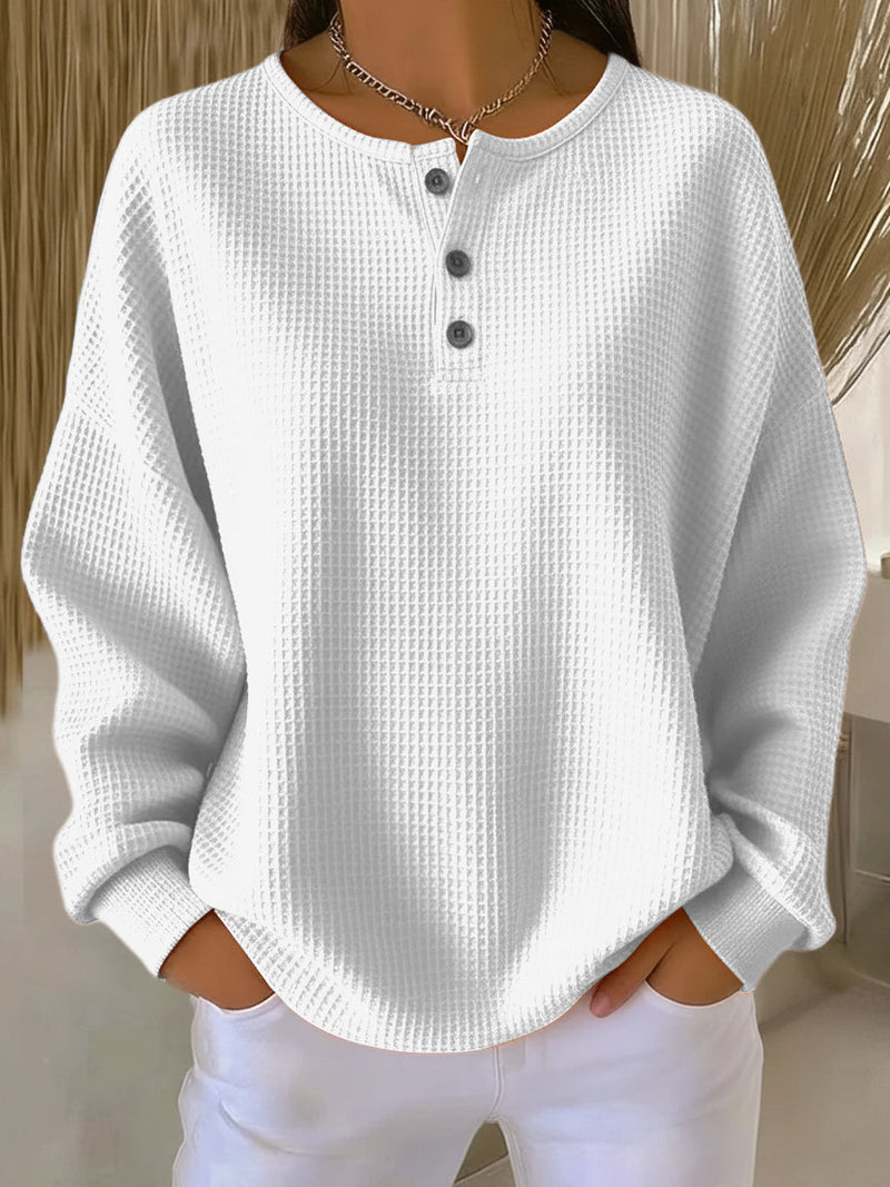 Women's Oversized Waffle Knit Henley Top with Three Button Crewneck