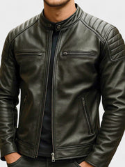 Men's Faux Leather Moto Jacket, Quilted Shoulder Zip Up Biker Jacket
