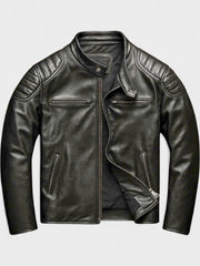Men's Faux Leather Moto Jacket, Quilted Shoulder Zip Up Biker Jacket