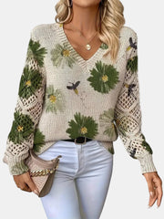 Women's Floral Print Knit Sweater, Lightweight V-Neck Pullover