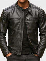 Men's Faux Leather Moto Jacket, Quilted Shoulder Zip Up Biker Jacket