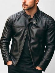 Men's Faux Leather Moto Jacket, Quilted Shoulder Zip Up Biker Jacket