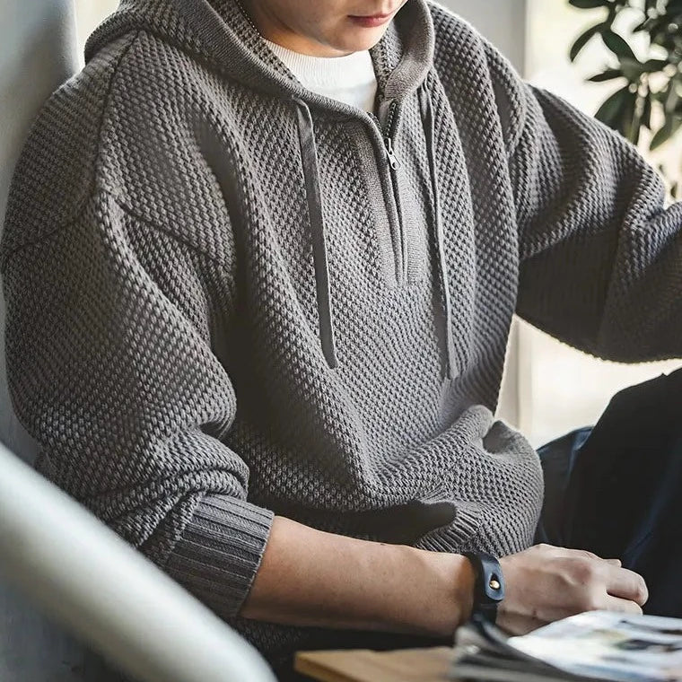 Men's Textured Knit Quarter Zip Hoodie, Oversized Relaxed Sweater — view 1