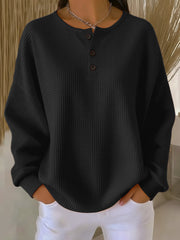 Women's Waffle Knit Henley Top, Oversized Crewneck Casual Pullover