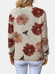 Women's Floral Print Knit Sweater, Lightweight V-Neck Pullover