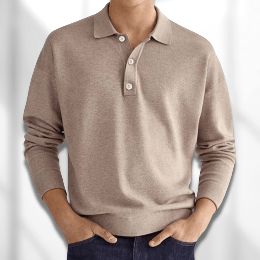 Men's Fine Knit Polo Shirt, Long Sleeve Button Casual Top — view 1