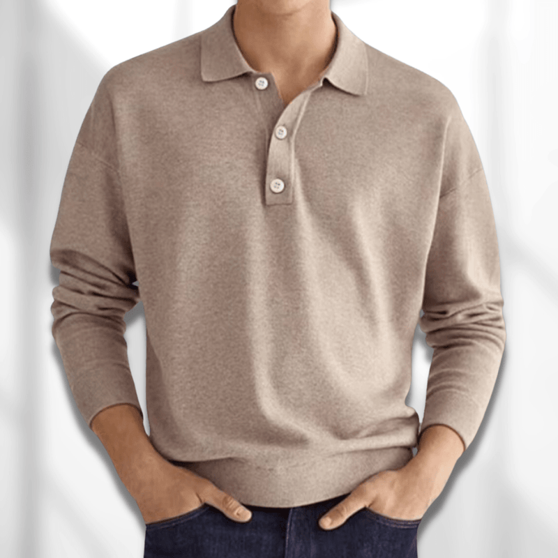 Men's Fine Knit Long Sleeve Polo Shirt with Three Button Collar