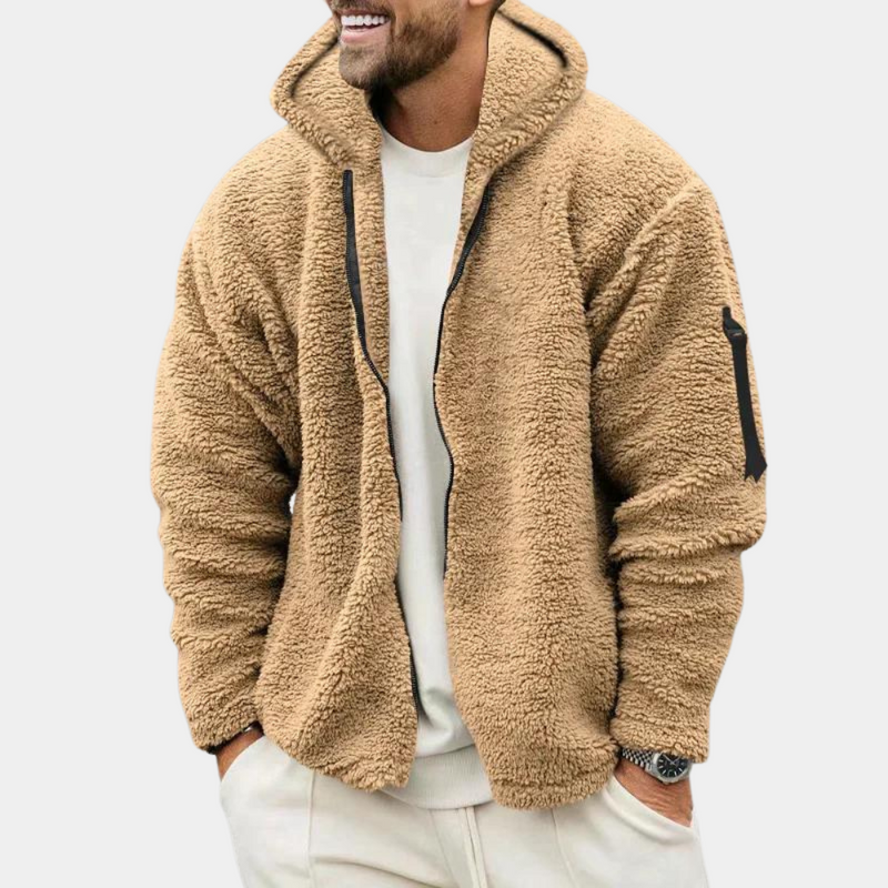 Men's Sherpa Teddy Fleece Hooded Jacket with Full Zip and Sleeve Pocket
