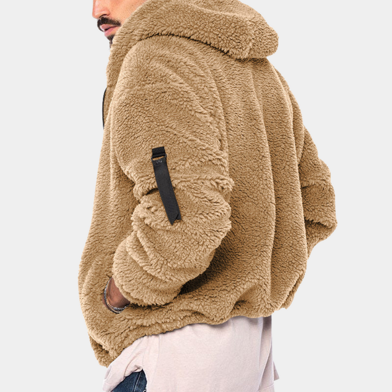Men's Sherpa Teddy Fleece Hooded Jacket with Full Zip and Sleeve Pocket
