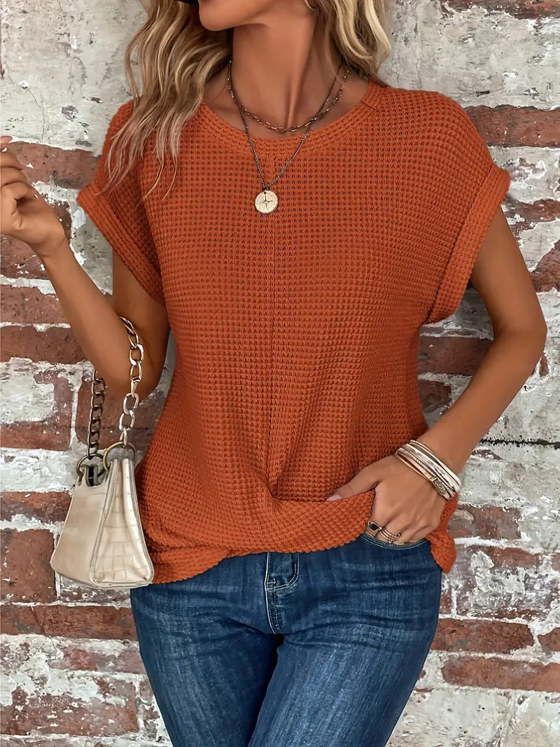 Women's Lightweight Waffle Knit Short Sleeve Top with Twist Front Hem