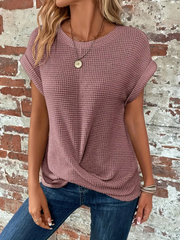 Women's Waffle Knit Short Sleeve Top, Twist Front Casual Tee