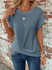 Women's Waffle Knit Short Sleeve Top, Twist Front Casual Tee