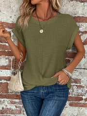 Women's Waffle Knit Short Sleeve Top, Twist Front Casual Tee