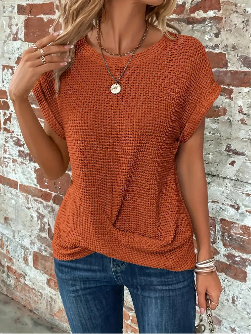 Women's Waffle Knit Short Sleeve Top, Twist Front Casual Tee — view 1