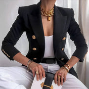 Women's Double Breasted Blazer, Gold Button Peak Lapel Office Jacket