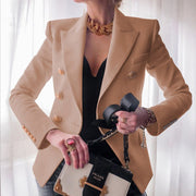Women's Double Breasted Blazer, Gold Button Peak Lapel Office Jacket