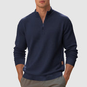 Men's Waffle Knit Quarter Zip Sweatshirt, Stand Collar Winter Pullover